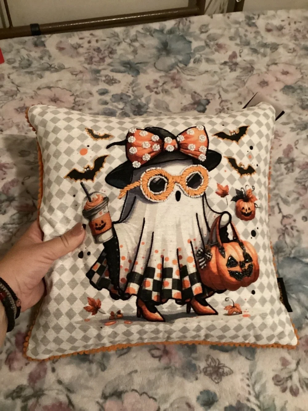 New GhoulishHalloween Decorative Pillow- ghost with coffee-14x14”